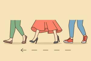 pessoas pernas caminhando dentro 1 direção. homens e mulheres pés pisar para destino ponto junto. vetor ilustração.