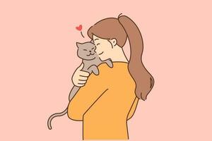 feliz jovem mulher segurando dentro braços fofo gato mostrar amor e Cuidado para animal. sorridente menina abraçar gatinho. doméstico animais e propriedade. vetor ilustração.