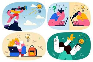 alunos estude trabalhos conectados desenvolve Inovativa Ideias envolvido dentro criativo pensamento. pessoas de negócio ou freelancers chuva de ideias gerar o negócio planos ou projetos. inovação. vetor ilustração. definir.