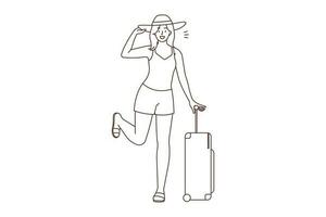 sorridente jovem mulher com mala de viagem animado sobre verão viagem. feliz menina com Bagagem pronto para viagem. horário de verão turismo conceito. vetor ilustração.