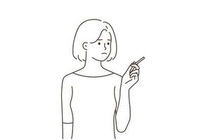 jovem mulher fumar cigarro. infeliz menina tendo mau pouco saudável hábito. fumante conceito. vetor ilustração.