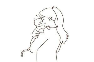feliz jovem mulher segurando dentro braços fofo gato mostrar amor e Cuidado para animal. sorridente menina abraçar gatinho. doméstico animais e propriedade. vetor ilustração.