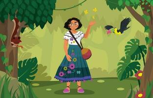 menina jogando com borboleta e tucano dentro tropical floresta vetor