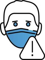 homem vestem uma mascarar com Atenção placa ícone dentro azul e branco cor. vetor