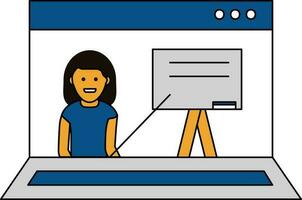 conectados fêmea professor ensino com borda dentro computador portátil tela colorida ícone. vetor