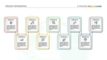 horizontal Linha do tempo ou fluxograma com nove quadrado elementos e espaço para dados. conceito do 9 sucessivo passos do companhia processo. vetor