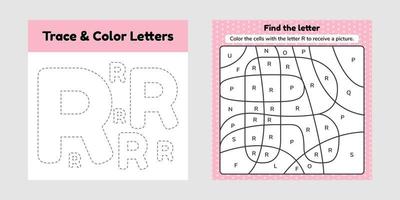 folha de livro de colorir para crianças planilha para o jardim de infância pré-escolar e linha de rastreamento de idade escolar, escrever e colorir r vetor