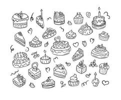 uma ampla conjunto do sobremesas, bolos, tortas e pastelaria desenhado dentro doodle.vector ilustração.sobremesas para cafeteria e cafeteria mão retirou. vetor