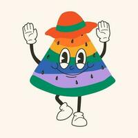 fofa feliz engraçado arco Iris Melancia 30s desenho animado mascote personagem anos 40, anos 50, anos 60 velho animação estilo. vetor