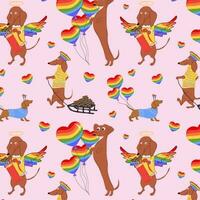 desatado padronizar com dachshunds cachorros puxa uma arco Iris corações, dia dos namorados em uma trenó e decorar arco Iris balões dentro a forma do uma coração vetor