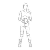 menina ficar de pé com voleibol linha arte vetor ilustração