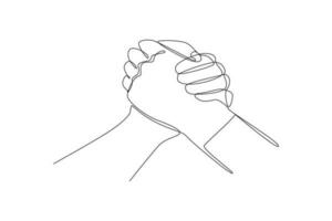 contínuo uma linha desenhando dois mãos tremendo. amizade dia conceito. solteiro linha desenhando Projeto gráfico vetor ilustração