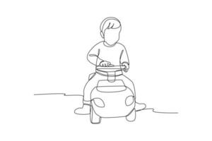 solteiro uma linha desenhando Garoto dirigindo uma brinquedo carro. crianças jogando com brinquedos conceito. contínuo linha desenhando ilustração vetor