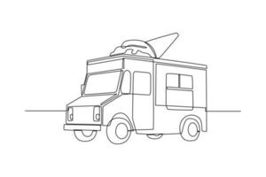 solteiro uma linha desenhando gelo creme caminhão. Comida caminhão conceito. contínuo linha desenhando ilustração. vetor