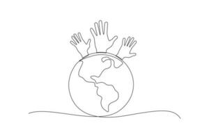 contínuo uma linha desenhando mãos e terra. mundo população dia conceito. solteiro linha desenhando Projeto gráfico vetor ilustração