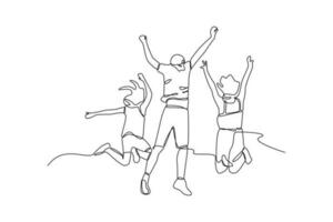 contínuo uma linha desenhando três melhor amigos pular. amizade dia conceito. solteiro linha desenhando Projeto gráfico vetor ilustração