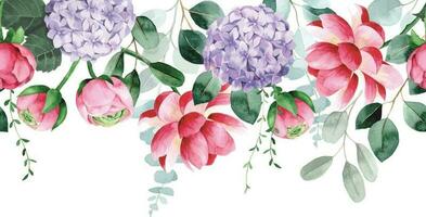 aguarela desatado fronteira, quadro, Armação com Rosa flores do rosa, peônia, hortênsia e eucalipto folhas vetor