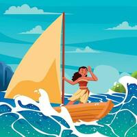 havaiano menina Navegando com dela barco vetor