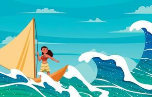 havaiano menina em pé em a barco fundo vetor