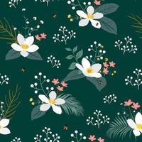floral vintage com padrão sem emenda de folhas tropicais em fundo verde escuro para moda, tecido, vestuário, decoração, têxtil, impressão ou papel de parede vetor