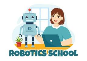 robótica escola vetor ilustração com juventude robótico projeto para programação e Engenharia robô dentro desenho animado mão desenhado aterrissagem página modelos