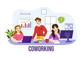 coworking o negócio vetor ilustração com colegas conversando, encontro e trabalhando às a escritório dentro plano desenho animado mão desenhado aterrissagem página modelos