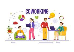 coworking o negócio vetor ilustração com colegas conversando, encontro e trabalhando às a escritório dentro plano desenho animado mão desenhado aterrissagem página modelos