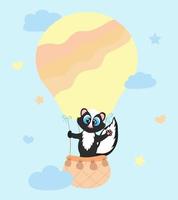 Animal bonito skunk voando em um balão de ar quente ilustração vetorial para crianças cartaz de decoração de quarto de berçário vetor