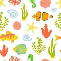 vetor desatado padronizar. embaixo da agua mundo dentro desenho animado estilo. verão, mar, peixe, cartuchos, algas.