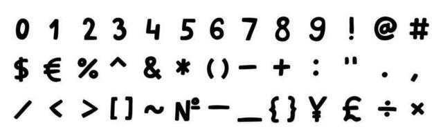 simples Preto especial matemático e de outros símbolos e sinais Fonte 0 0 para 9. vetor ilustração dentro mão desenhado desenho animado rabisco estilo isolado em branco fundo. para logotipo, cartão, aprendizado, vendas.