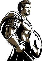 uma espartano guerreiro, vestido dentro bronze armaduras, carrinhos alta e resoluto. com uma feroz olhar, elas aguarde uma escudo e lança, pronto para batalha. uma carmesim capa ondas atrás, simbolizando seus lealdade. vetor