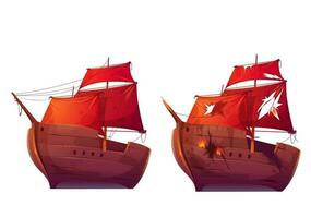 retro de madeira navios com vermelho escarlate vela desenho animado vetor