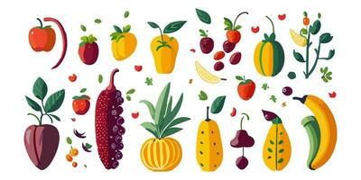 damasco, goiaba, paixão fruta, e mais, colorida matriz do frutas ilustrado dentro vetor