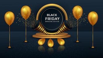 Black Friday oferta especial realista de pódio e balões em ouro