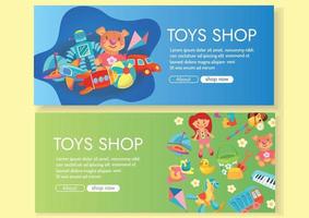 banners de loja de brinquedos em design de fundo verde e azul para compras online vetor