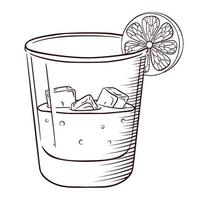 uísque desenhado à mão ou refrigerante com gelo e uma fatia de limão isolada gravura vintage em preto e branco vetor