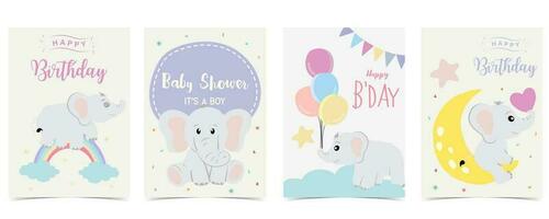 bebê elefante Projeto com nuvem, arco-íris, lua para aniversário cartão postal vetor