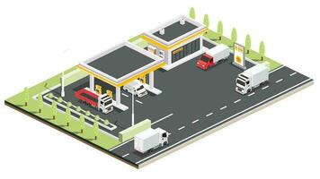 isométrico gás estação com caminhões e vans. petróleo o preenchimento estação. infográfico elemento. vetor ilustração.