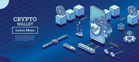 isométrico criptografia carteira conectado com Smartphone. criptomoeda indústria. azul conceito do blockchain tecnologia com bitcoins e cubos. vetor