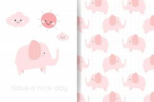 desenho de elefante rosa pastel fofo doodle padrão sem emenda e conjunto de cartão postal vetor