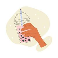 plano vetor ilustração do uma mão segurando frio taiwanês chá com leite e tapioca dentro uma plástico copo. isolado Projeto em uma branco fundo. vetor estoque ilustração.