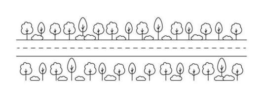 estrada mapa com árvores, panorama linha arte desenho. em linha reta caminho dentro floresta. carro viagem. vetor ilustração