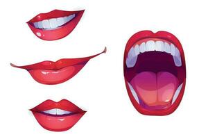 mulher boca, desenho animado lábios com grito e sorrir vetor
