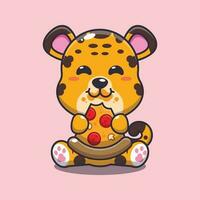 leopardo comendo pizza desenho animado vetor ilustração.