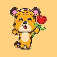 leopardo segurando rosa flor desenho animado vetor ilustração.