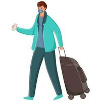 turista homem vestindo mascarar com bagagem saco dentro caminhando pose. vetor