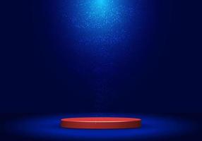 Pedestal vermelho realista 3D com iluminação e poeira em fundo azul escuro vetor