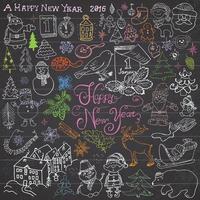 desenho de esboço desenhado à mão de feliz ano novo doodles com letras definidas com árvores de natal, flocos de neve, boneco de neve, elfos, veado, papai noel e elementos festivos ilustração vetorial na lousa vetor