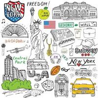 New York City doodles elementos desenhados à mão conjunto com táxi café cachorro-quente estátua da liberdade broadway música café jornal museu central park desenho coleção doodle isolado no branco vetor