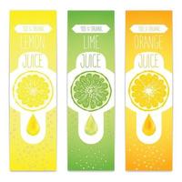 Modelo de rótulo de suco fresco de limão e laranja para produtos de frutas cítricas três banners com fatias de frutas gotas de suco e bolhas vetor